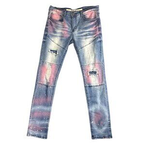 R3bel Skinny Jeans Mens W32 L32 Distressed Paint Splatter Moto Denim Streetwear